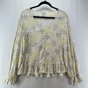 Lucky Brand Top Womens Size S Floral Ruffled V-Neck Balloon Sleeve Viscose Beige